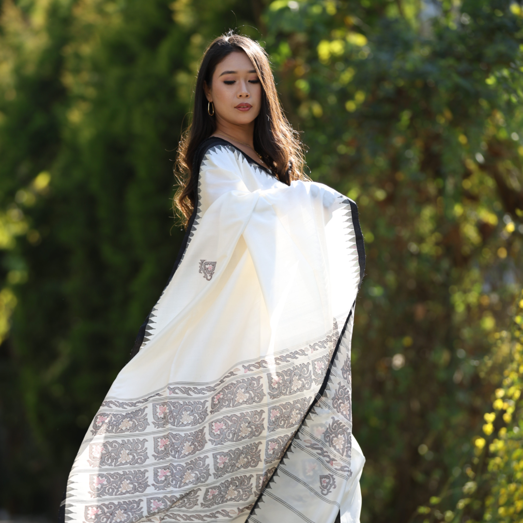 Classic White & Black Moirangphee Mulberry Silk Saree