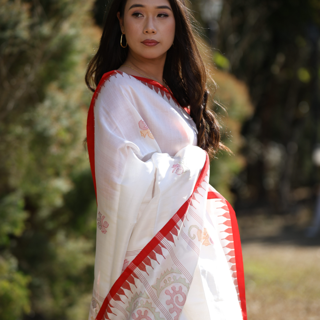 Handwoven White Mulberry Silk Saree with Red Moirangphee Border