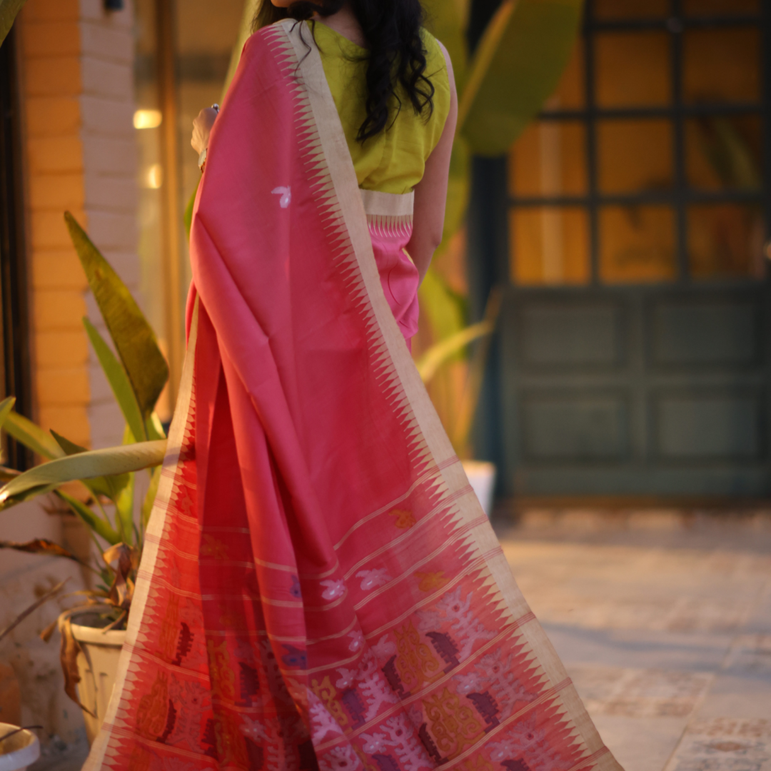 Handcrafted Rosy Pink Mulberry Silk Saree with Gold Border