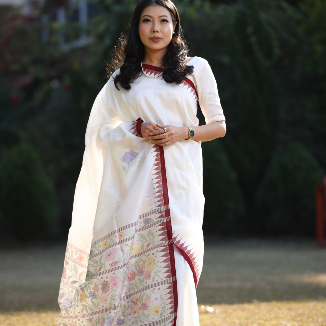 White Mulberry Silk Saree with Regal Dark Red Moirangphee Border