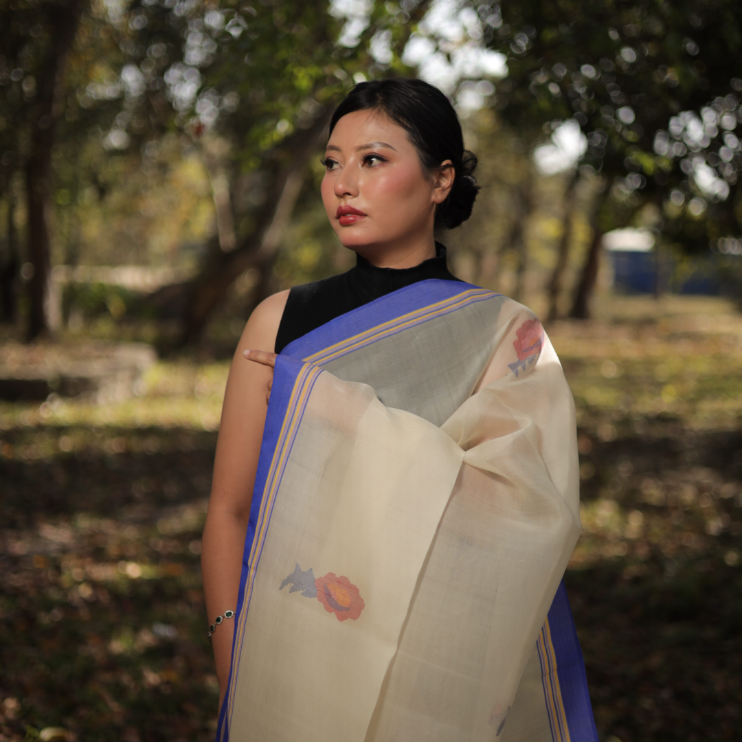 Elegant Mulberry Raw Silk Rani Sari with Blue Border