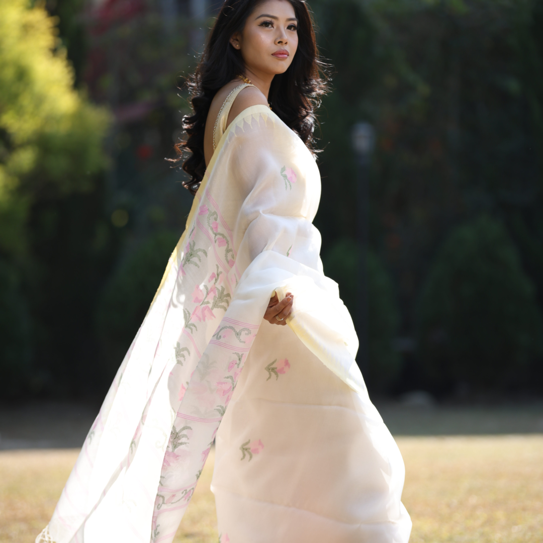 Traditional Mulberry Raw Silk Rani Sari with Yellowish Cream Moirangphee  Border