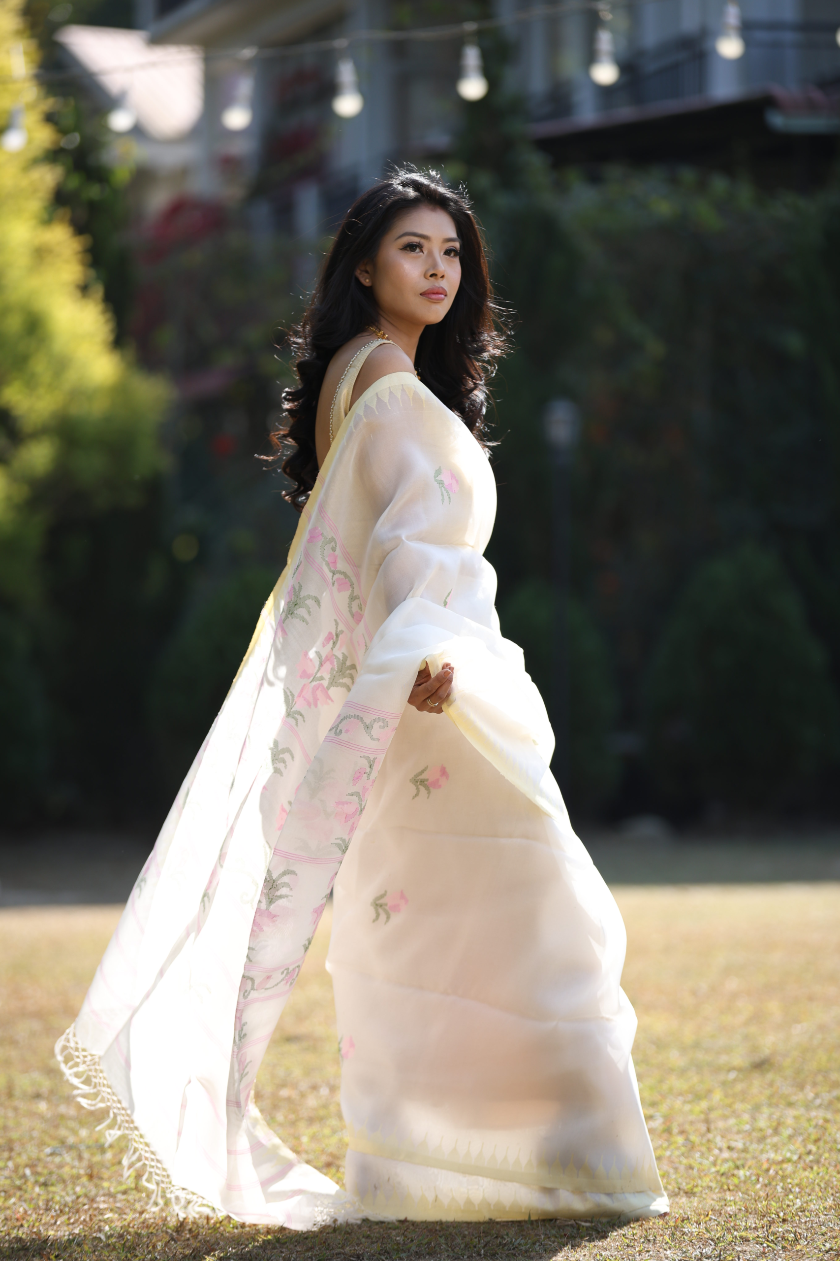 Traditional Mulberry Raw Silk Rani Sari with Yellowish Cream Moirangphee Border
