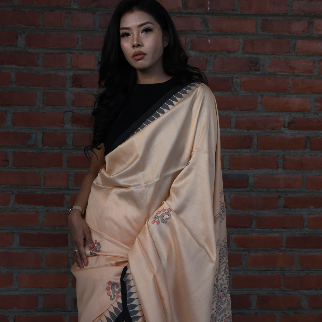 Royal Ivory Gold Moirangphee Mulberry Silk Saree – Black Border