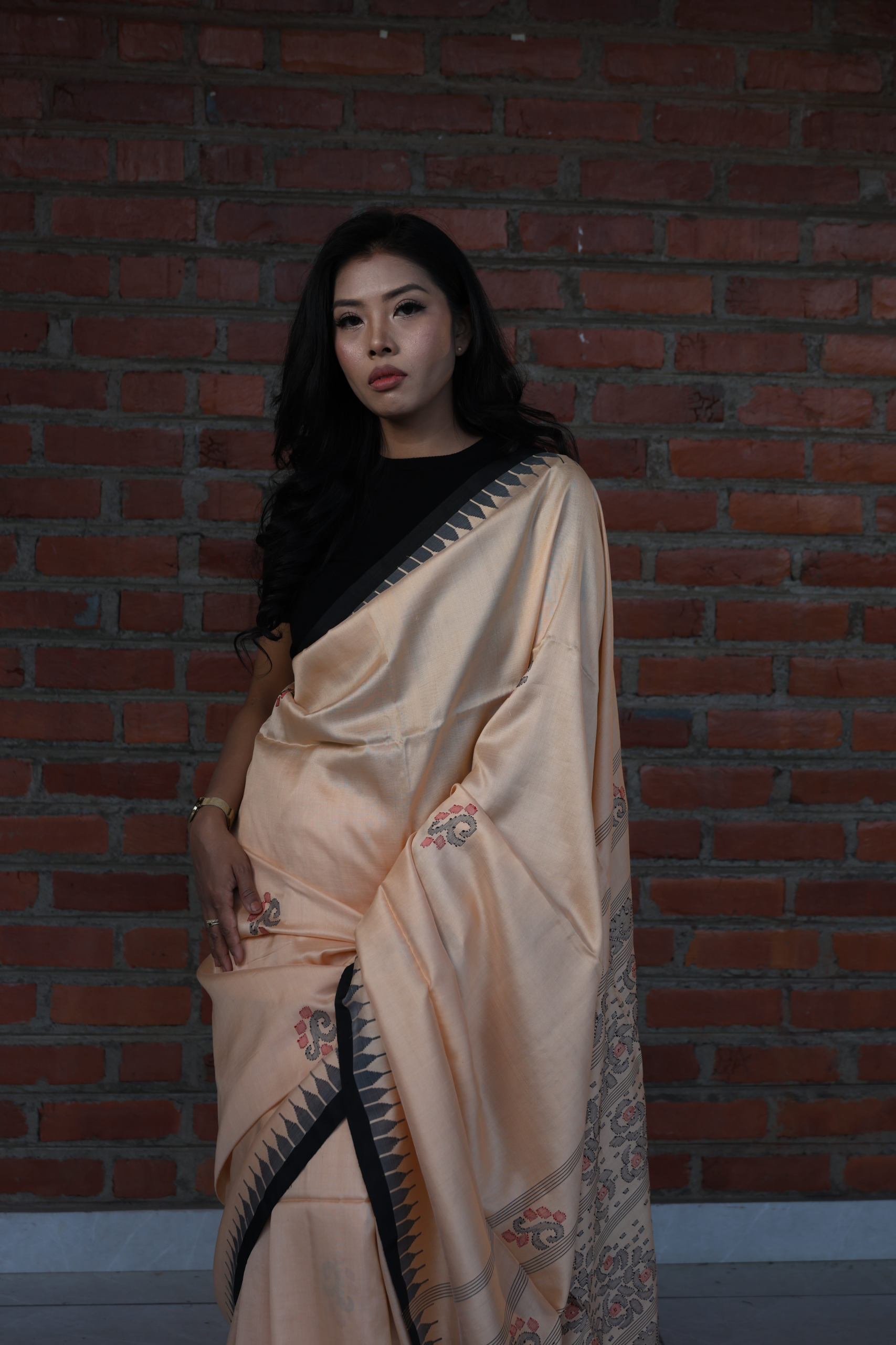 Royal Ivory Gold Moirangphee Mulberry Silk Saree – Black Border
