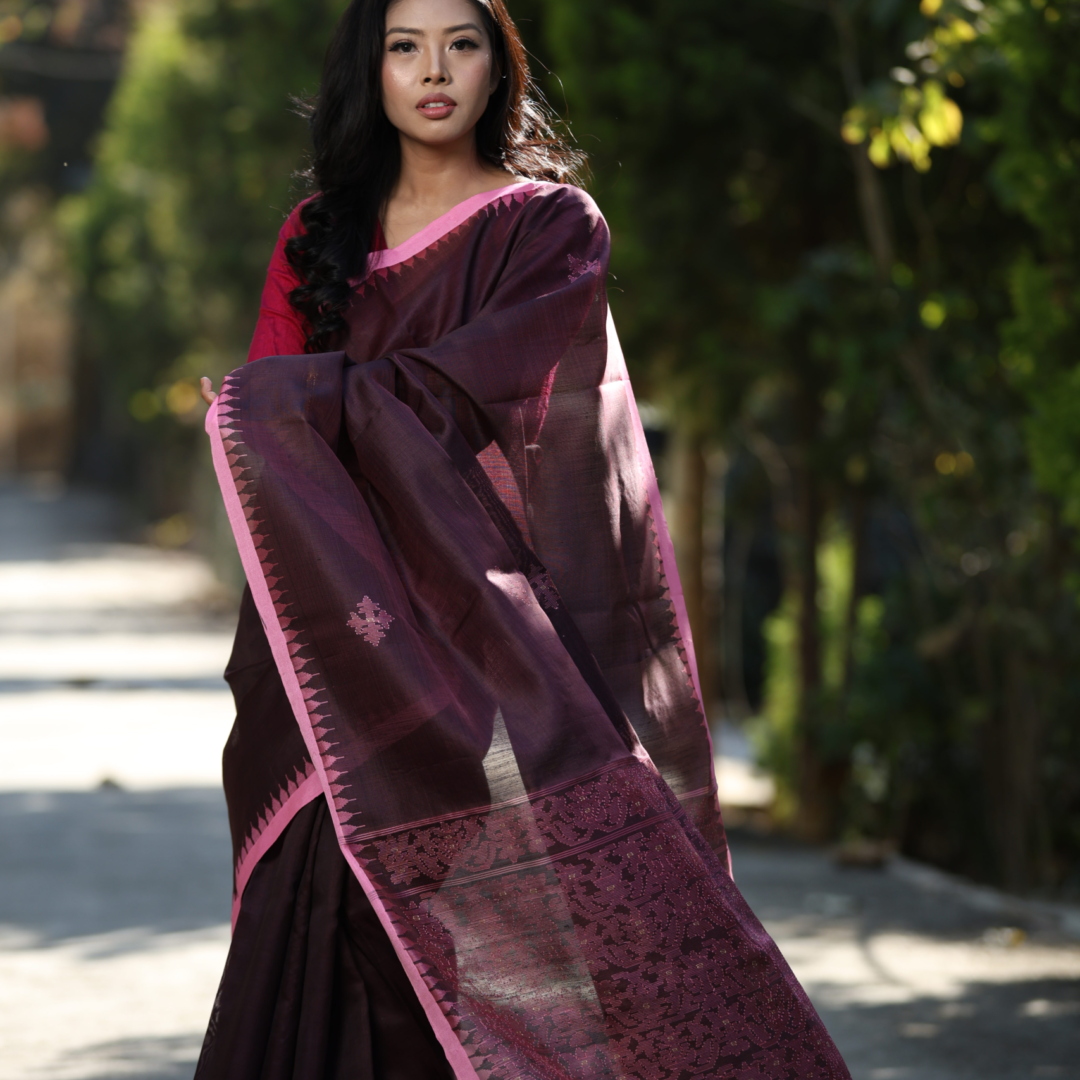 Wine Plum colour Mulberry silk  with Pink Moirangphee border