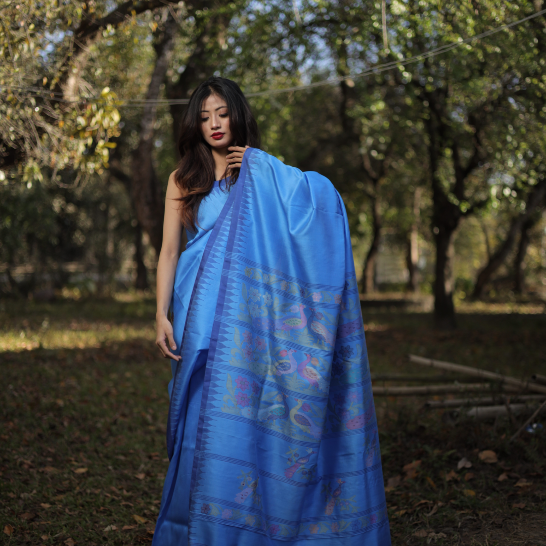 Designer Royal Blue Mulberry Silk Moirangphee Saree with Dark Blue Border