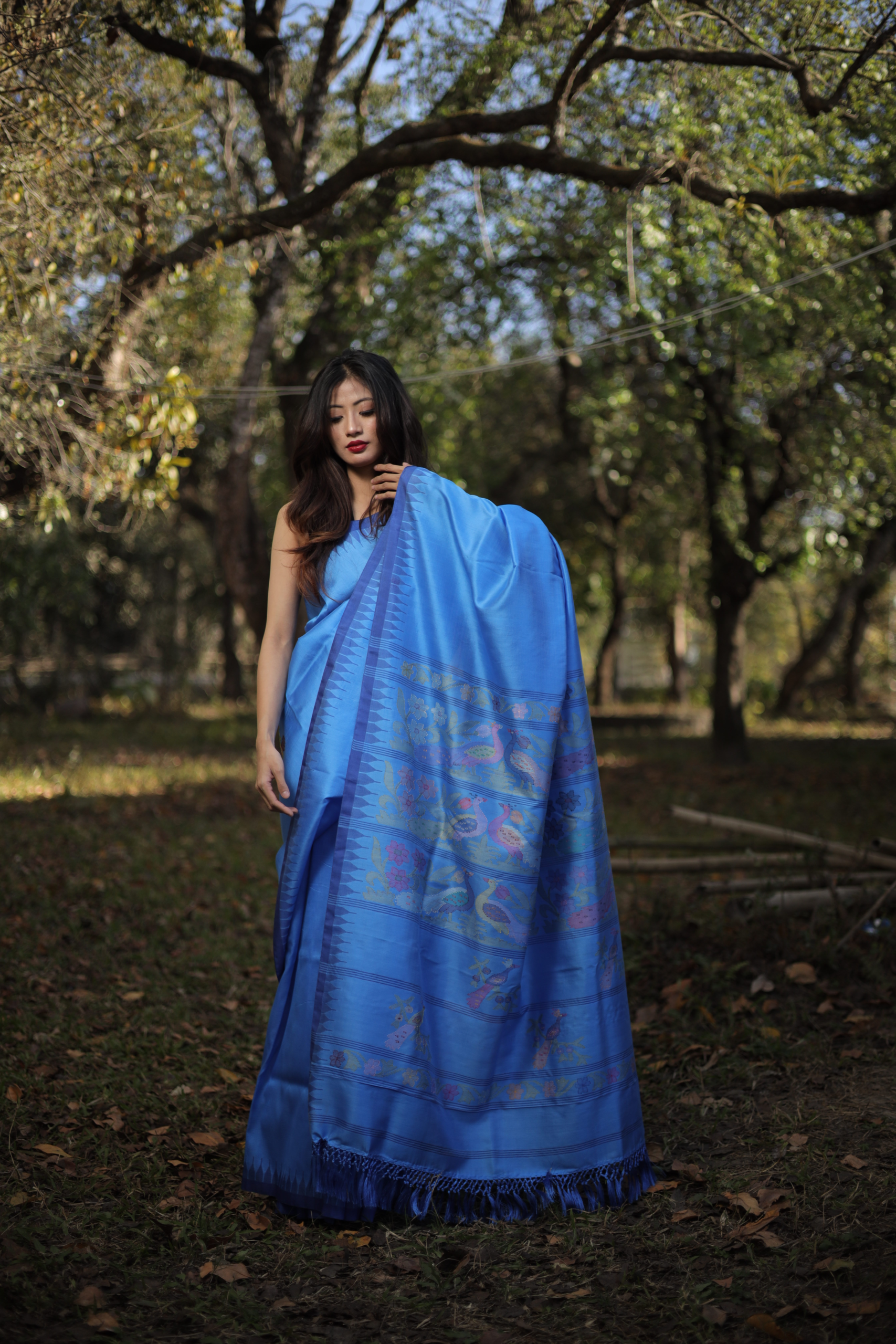 Designer Royal Blue Mulberry Silk Moirangphee Saree with Dark Blue Border