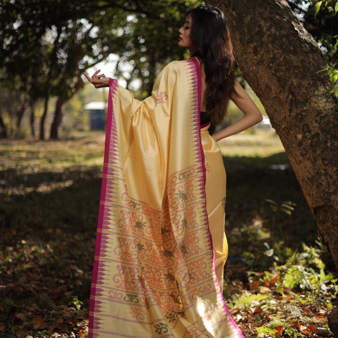 Mellow Marigold Elegance Pure Mulberry Silk Moirangphee Saree