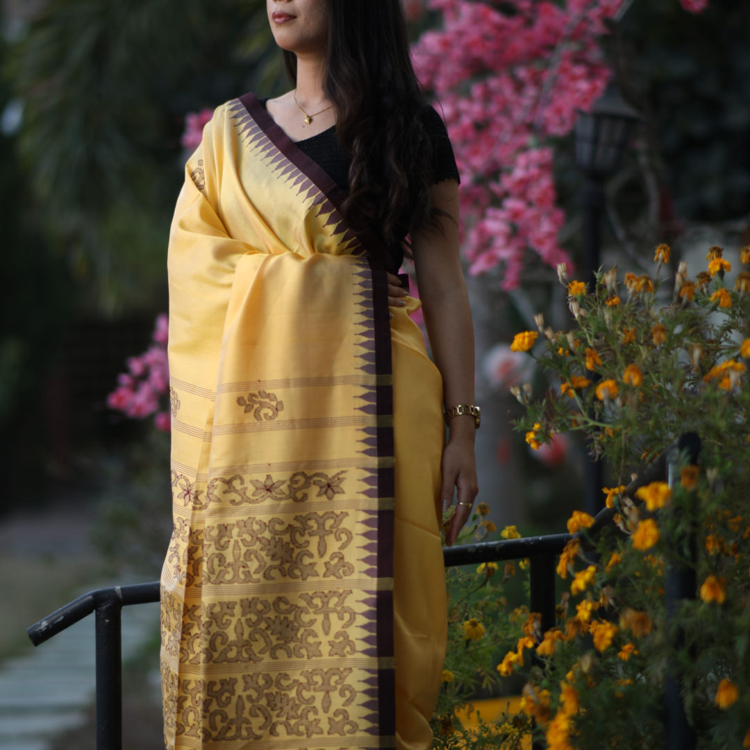 Turmeric Gold Handwoven Moirangphee Silk Saree – Dark Brown Elegance