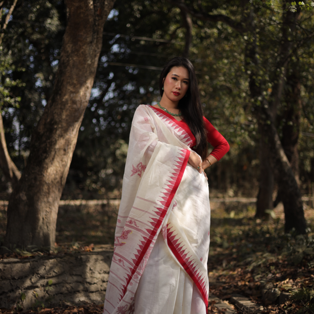 White Cotton Moirangphee Saree with Red Border