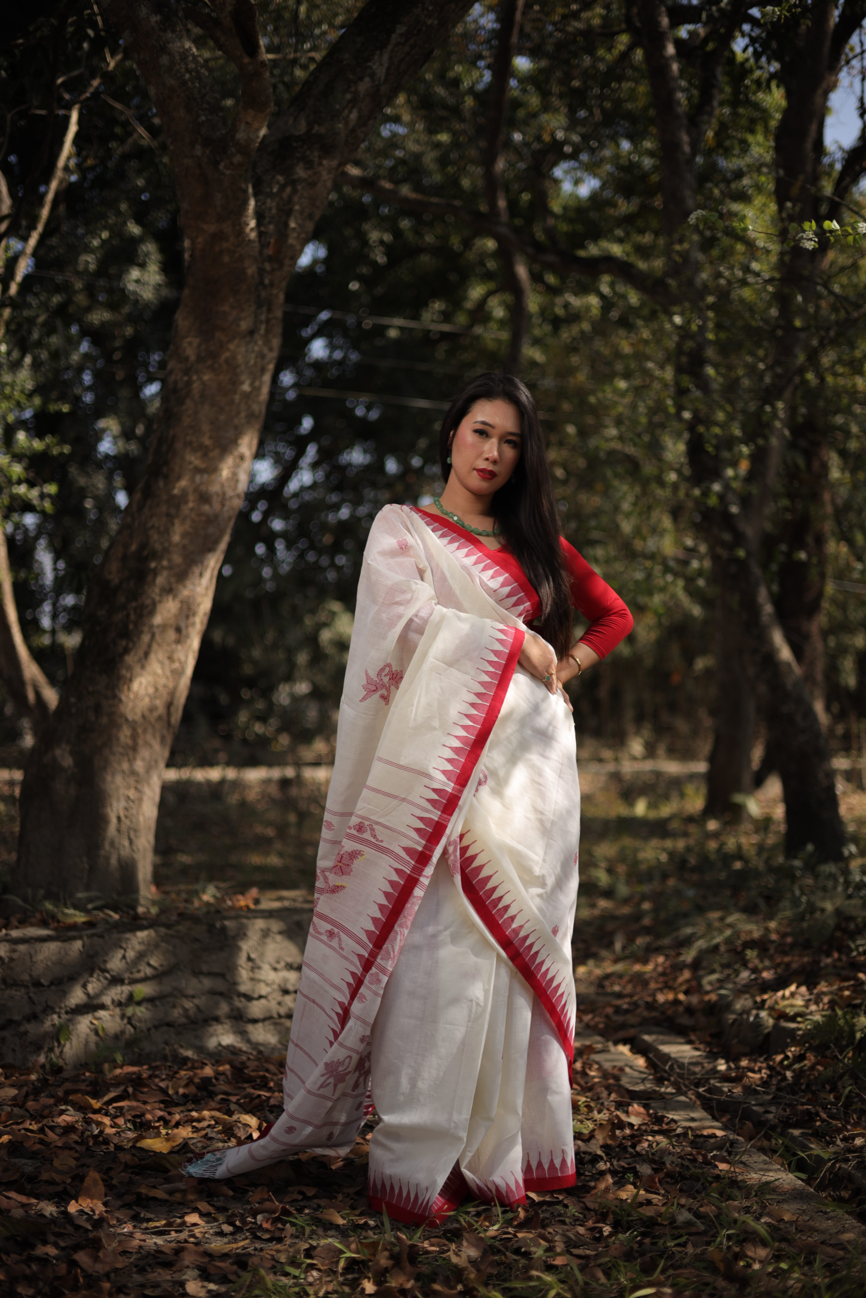 White Cotton Moirangphee Saree with Red Border