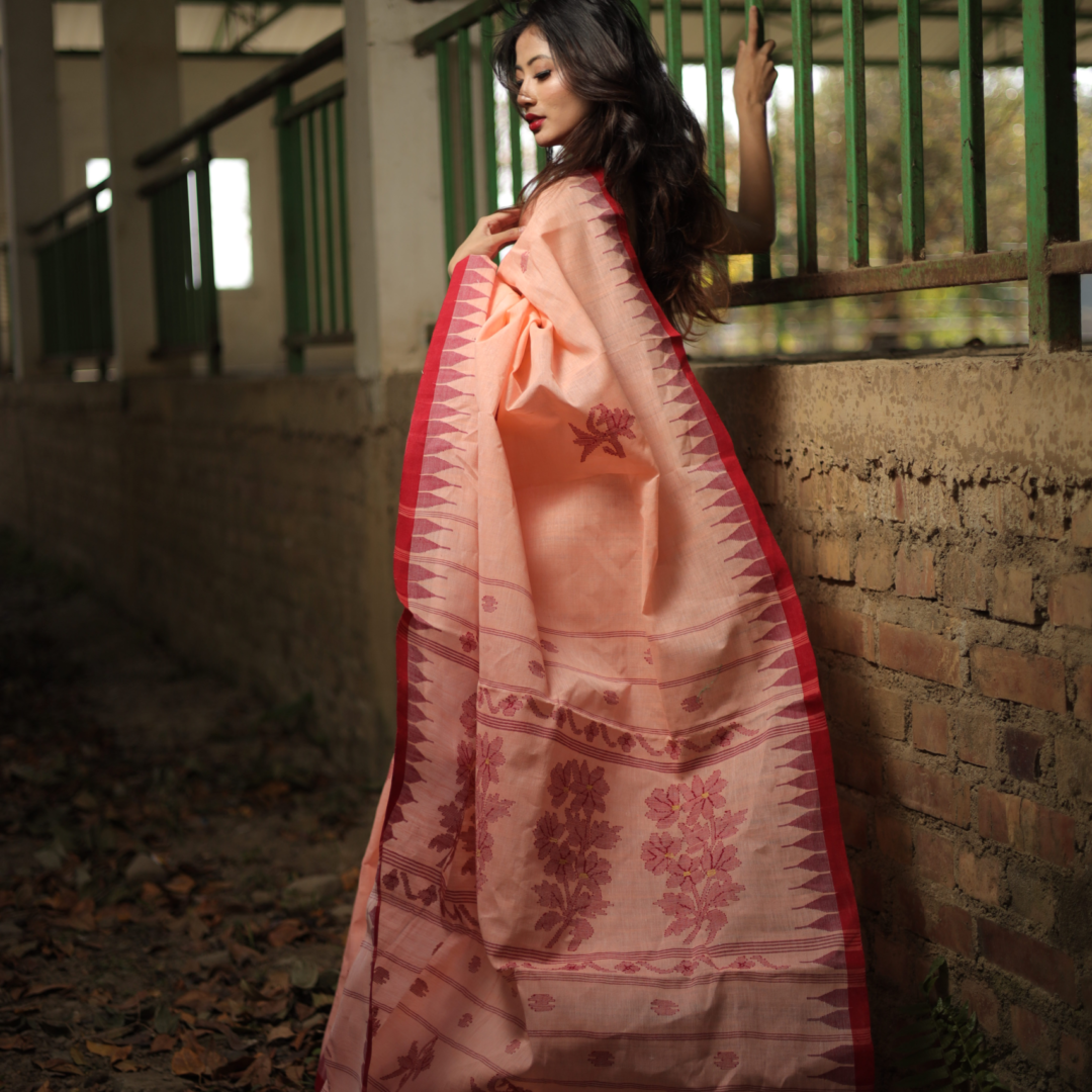 Classic Apricot Peach Pure Cotton Saree with Rich Rust Red Border