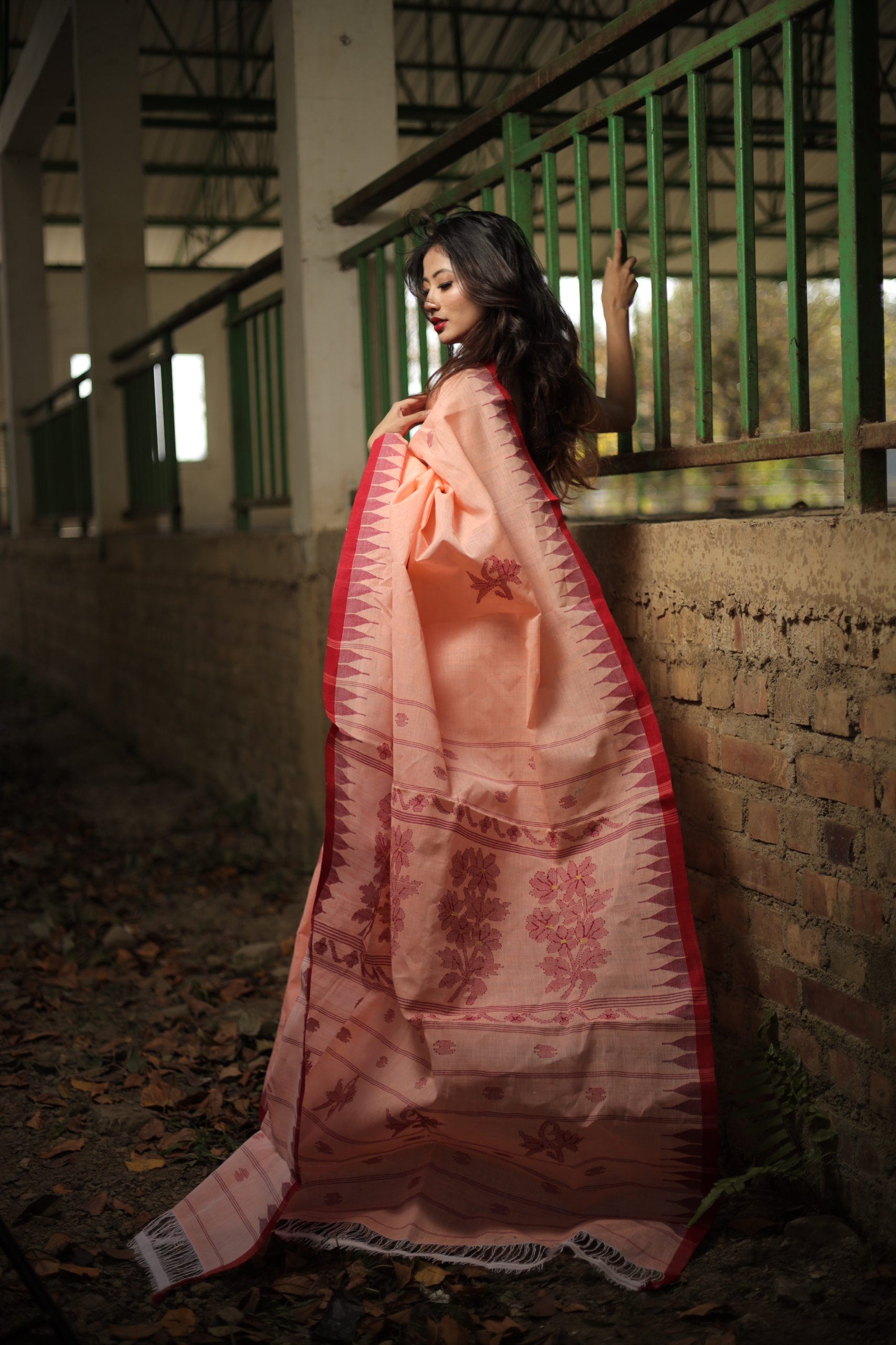 Classic Apricot Peach Pure Cotton Saree with Rich Rust Red Border