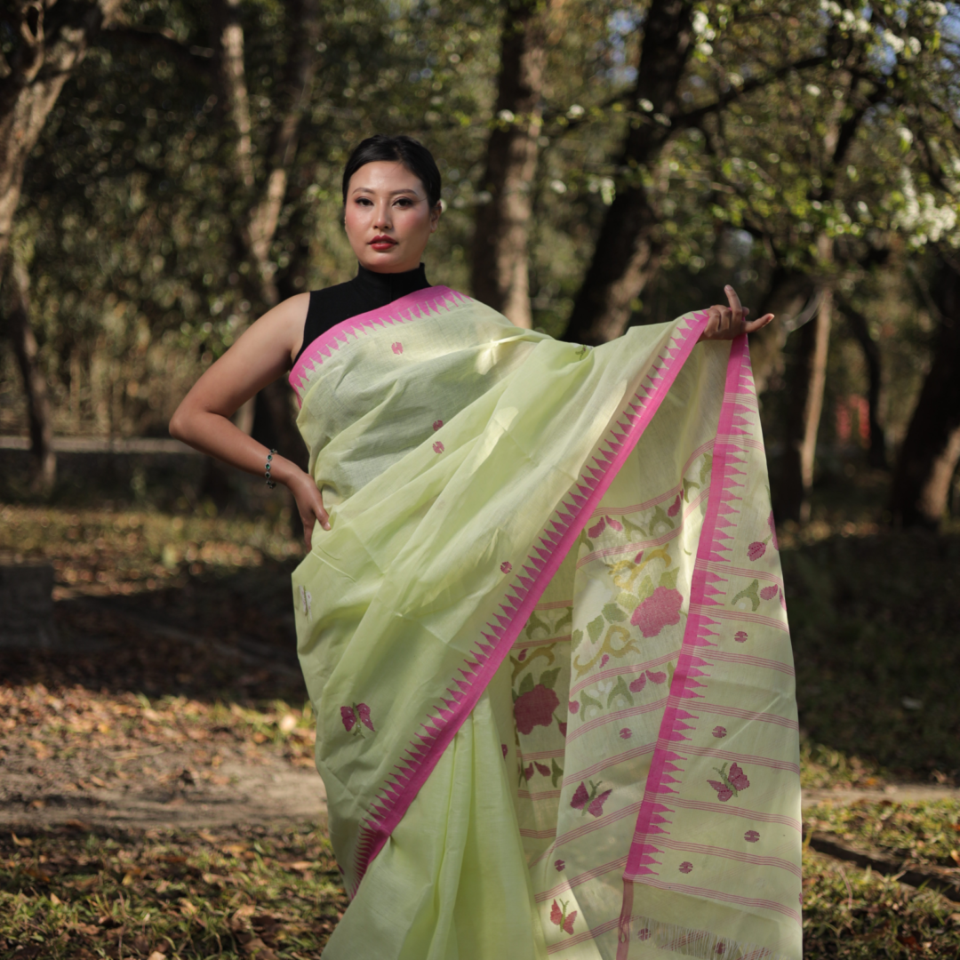 Graceful Light Yellow Wangkhei Cotton Saree with Pink Border