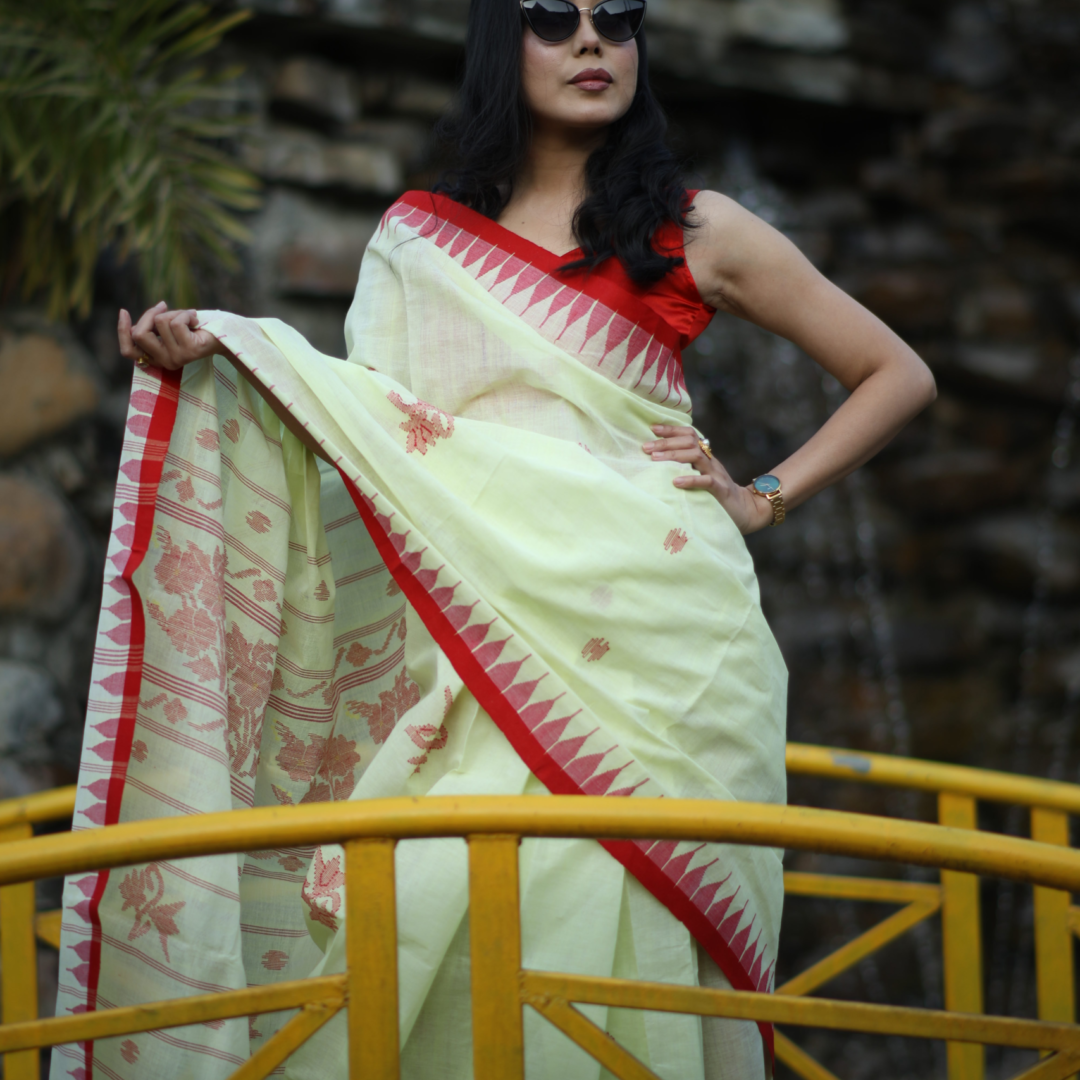Lime Yellow Pure Cotton Wangkhei Saree with Vibrant Red Border