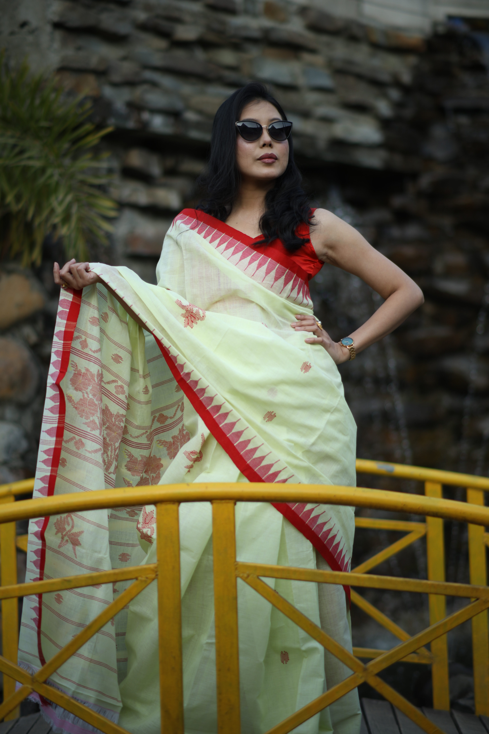 Lime Yellow Pure Cotton Wangkhei Saree with Vibrant Red Border