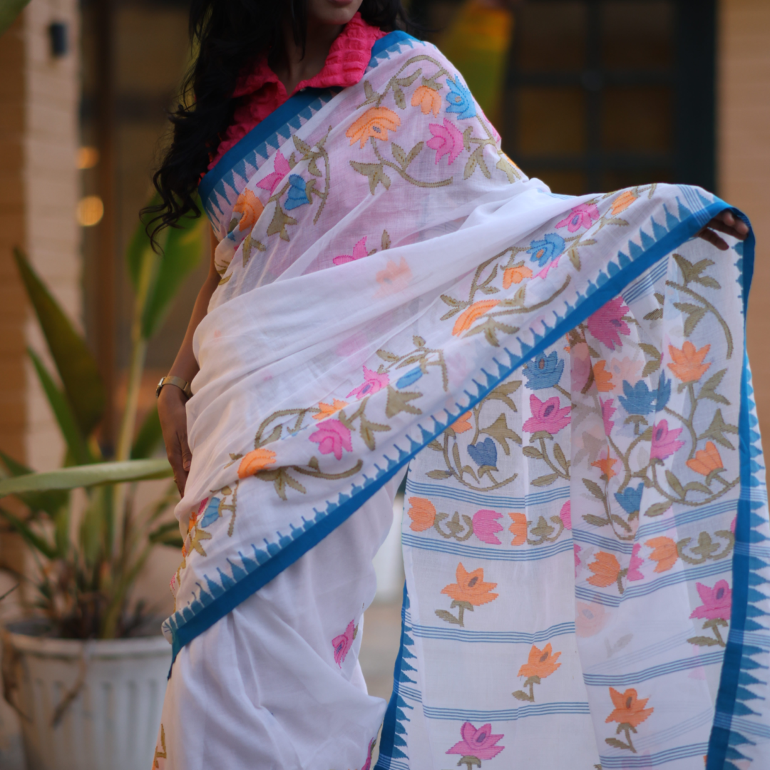 Graceful White Wangkhei Saree in Pure Cotton with Blue Border
