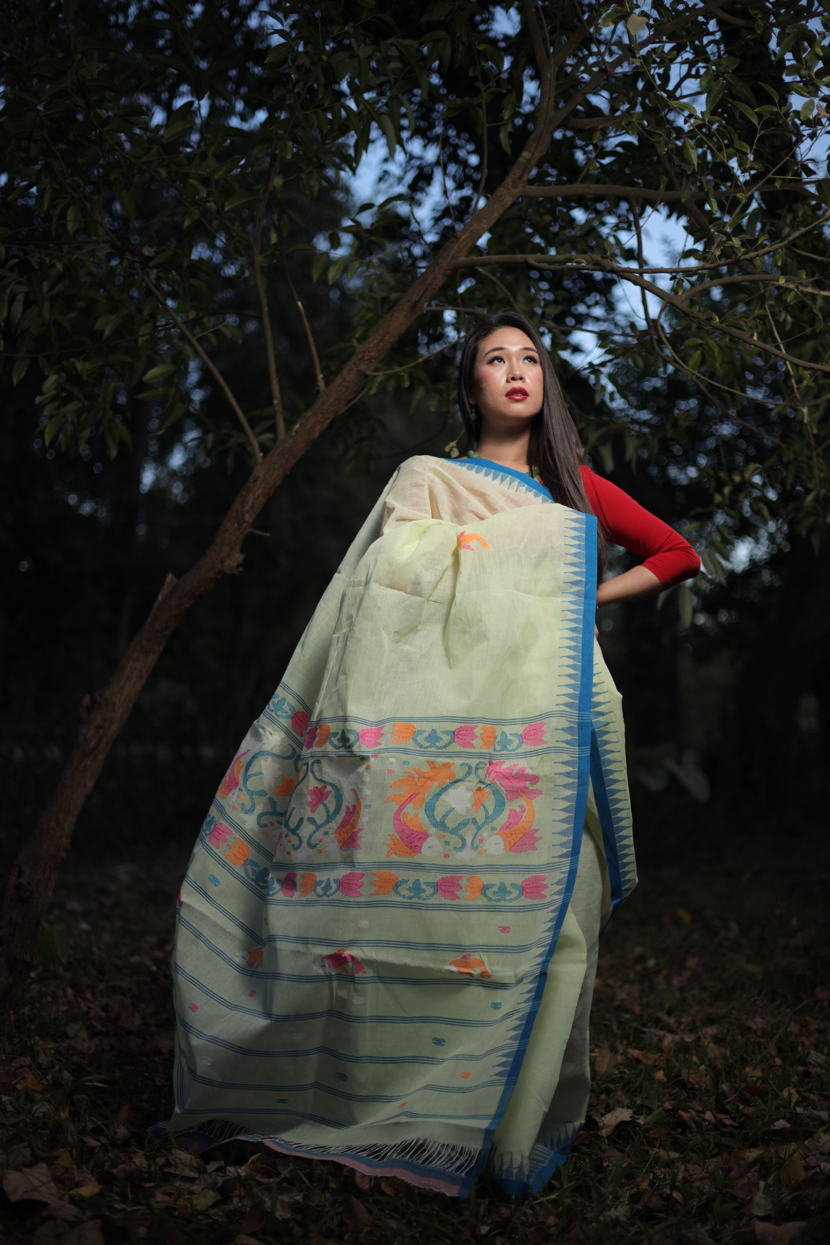 Pure Cotton Wangkhei Saree in Soft Lime Green with Blue Border
