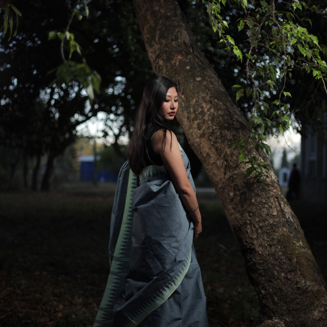 Elegant Grey Pure Cotton Wangkhei Saree with Fresh Green Border