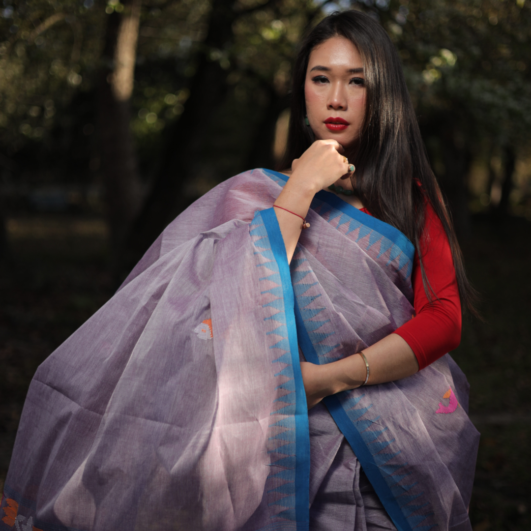 Muted Lavender Pink Wangkhei Cotton Saree with Bold Blue Border