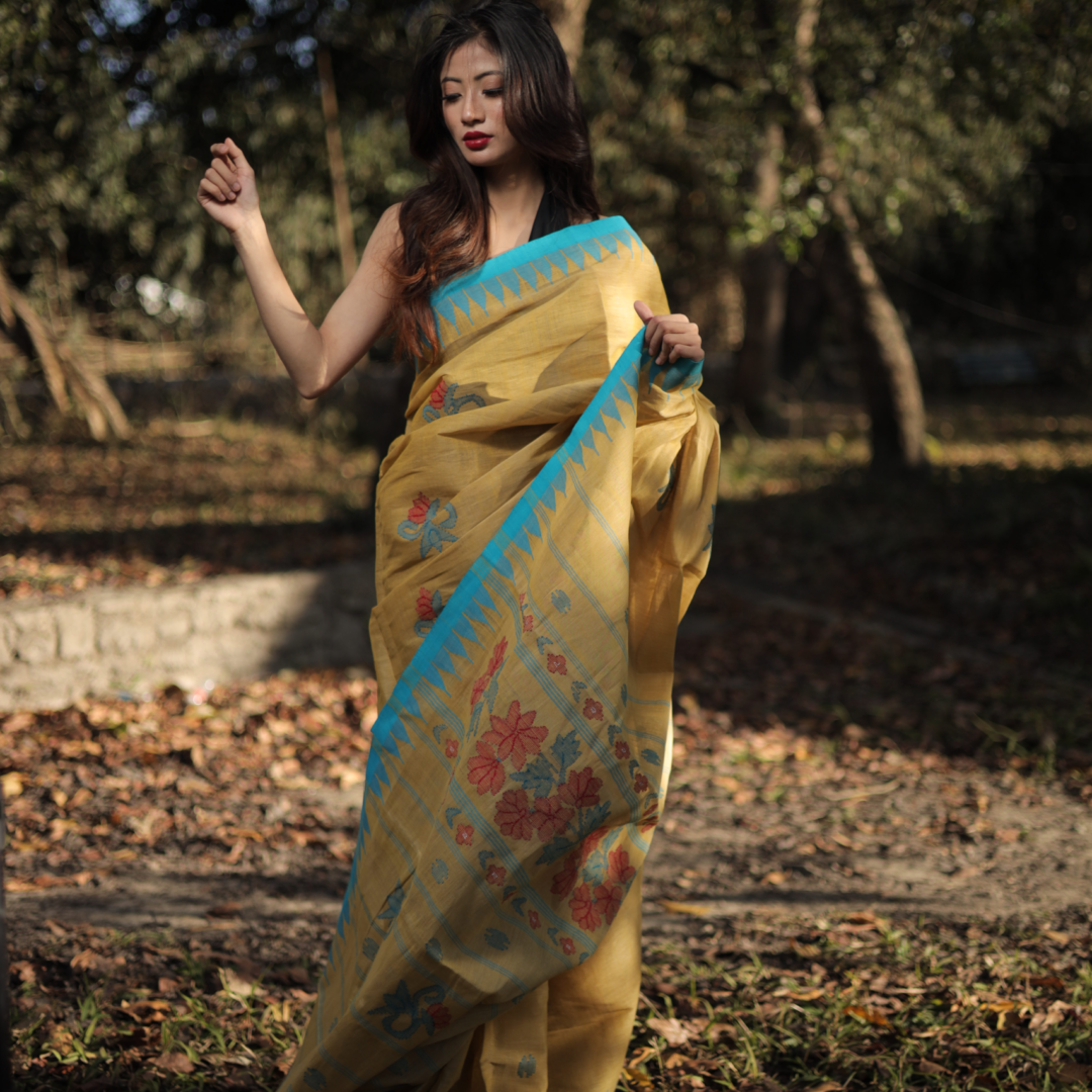 Mustard Gold & Turquoise Blue Pure Cotton Moirangphee Saree