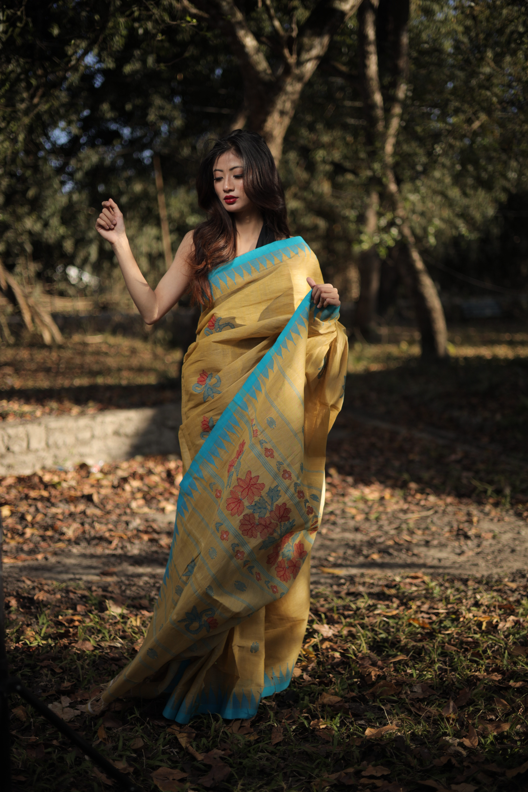 Mustard Gold & Turquoise Blue Pure Cotton Moirangphee Saree