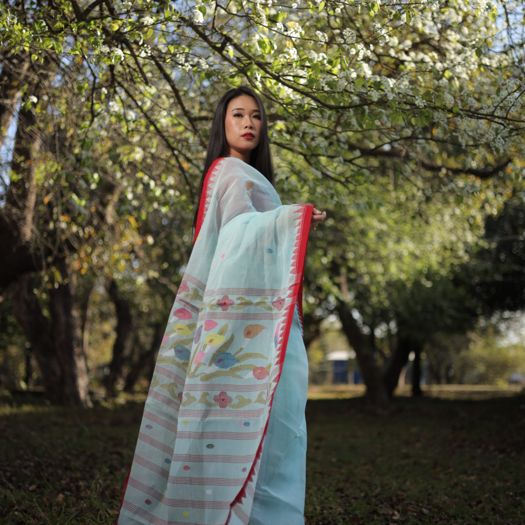 Ice Blue Handloom Cotton Saree with Vibrant Red Moirangphee Border