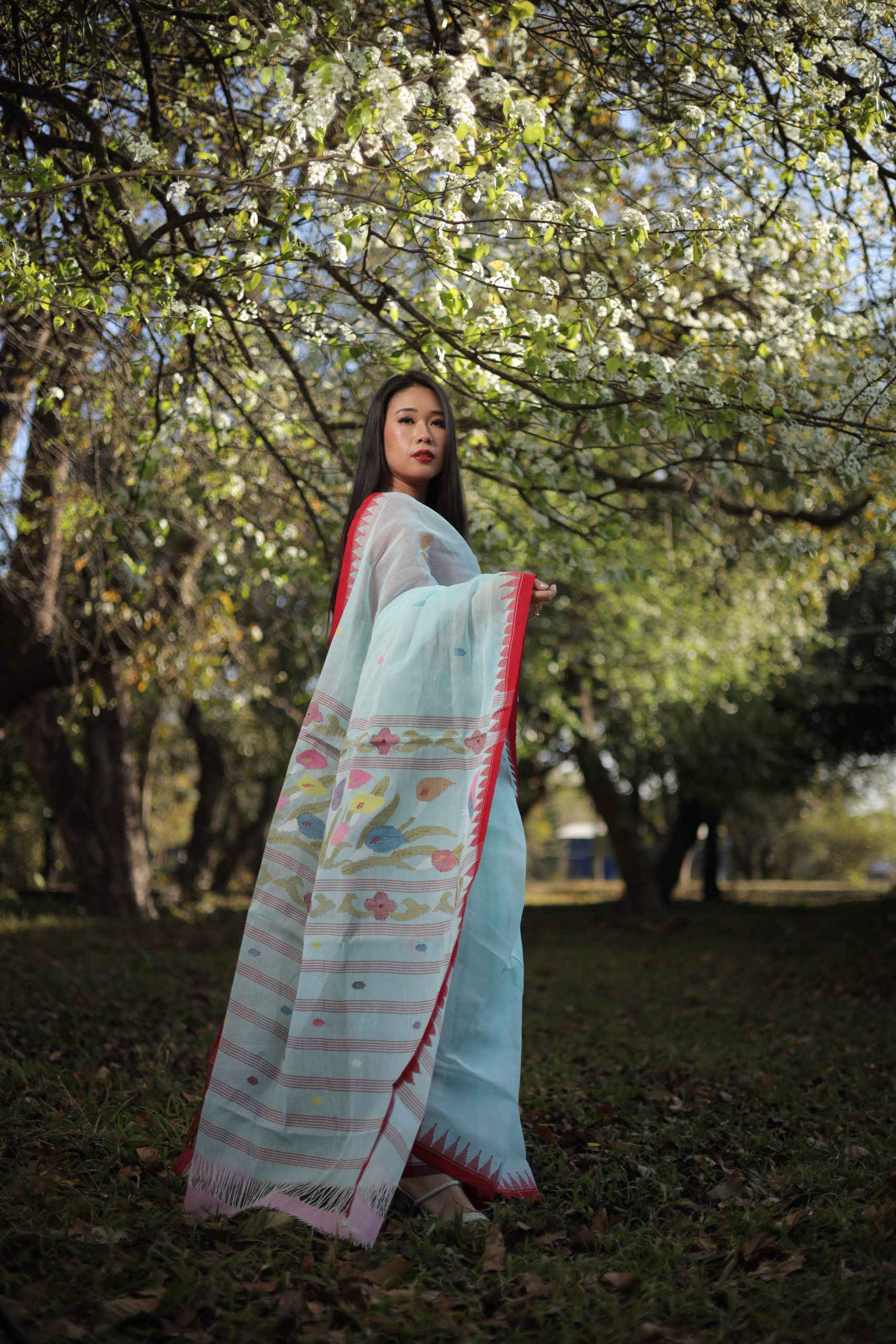 Ice Blue Handloom Cotton Saree with Vibrant Red Moirangphee Border