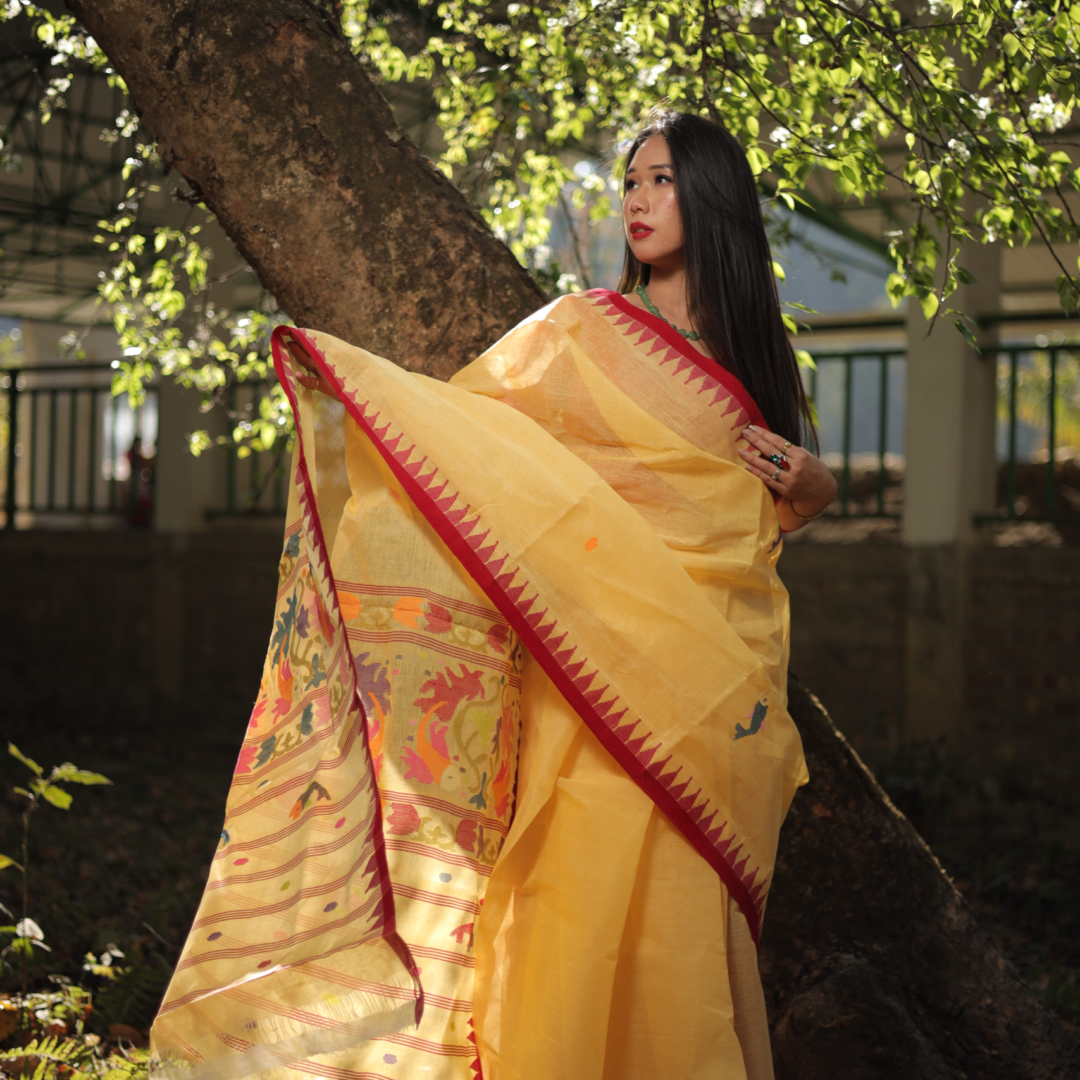 Pure Cotton Yellow Wangkhei Saree with Royal Red Border