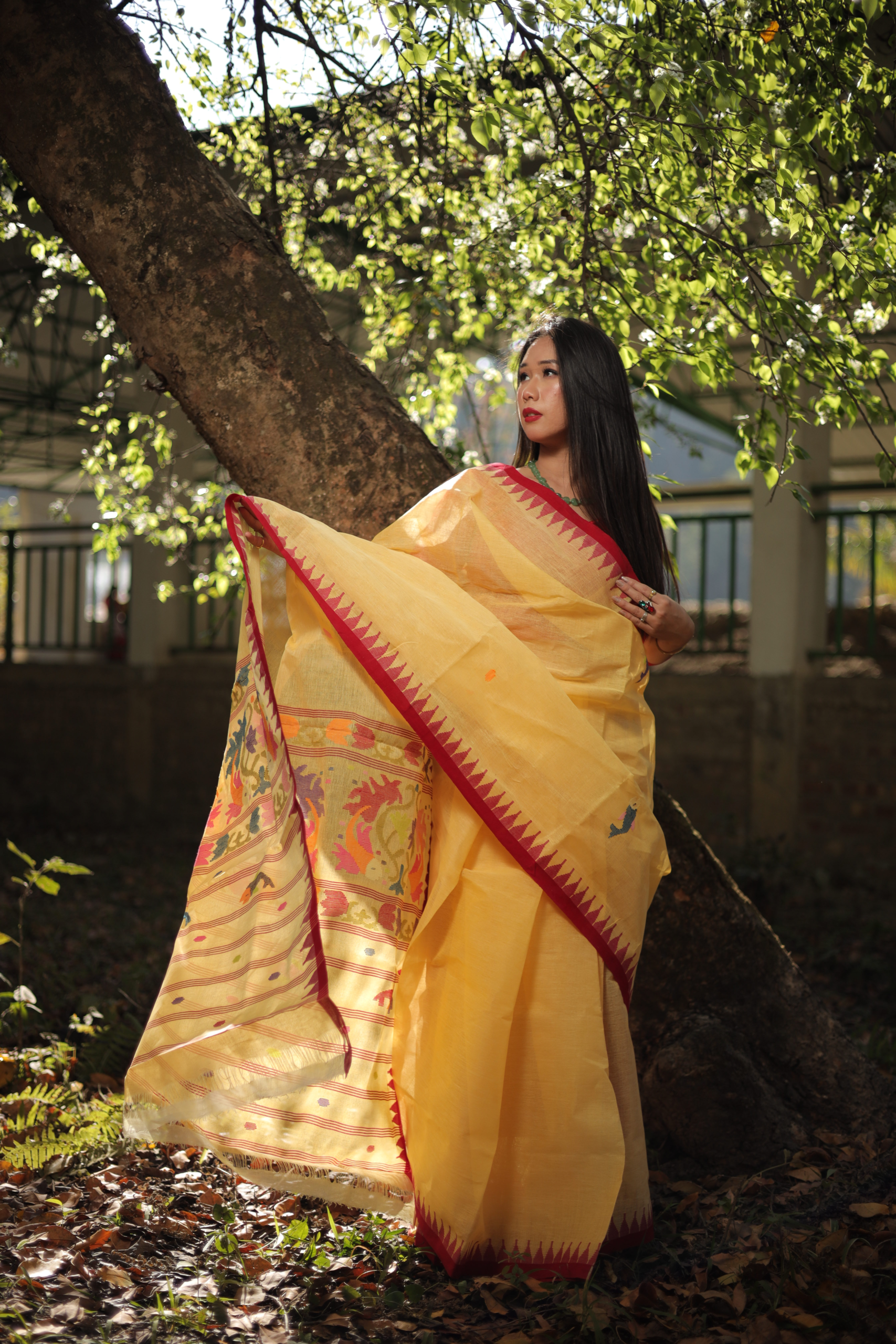 Pure Cotton Yellow Wangkhei Saree with Royal Red Border
