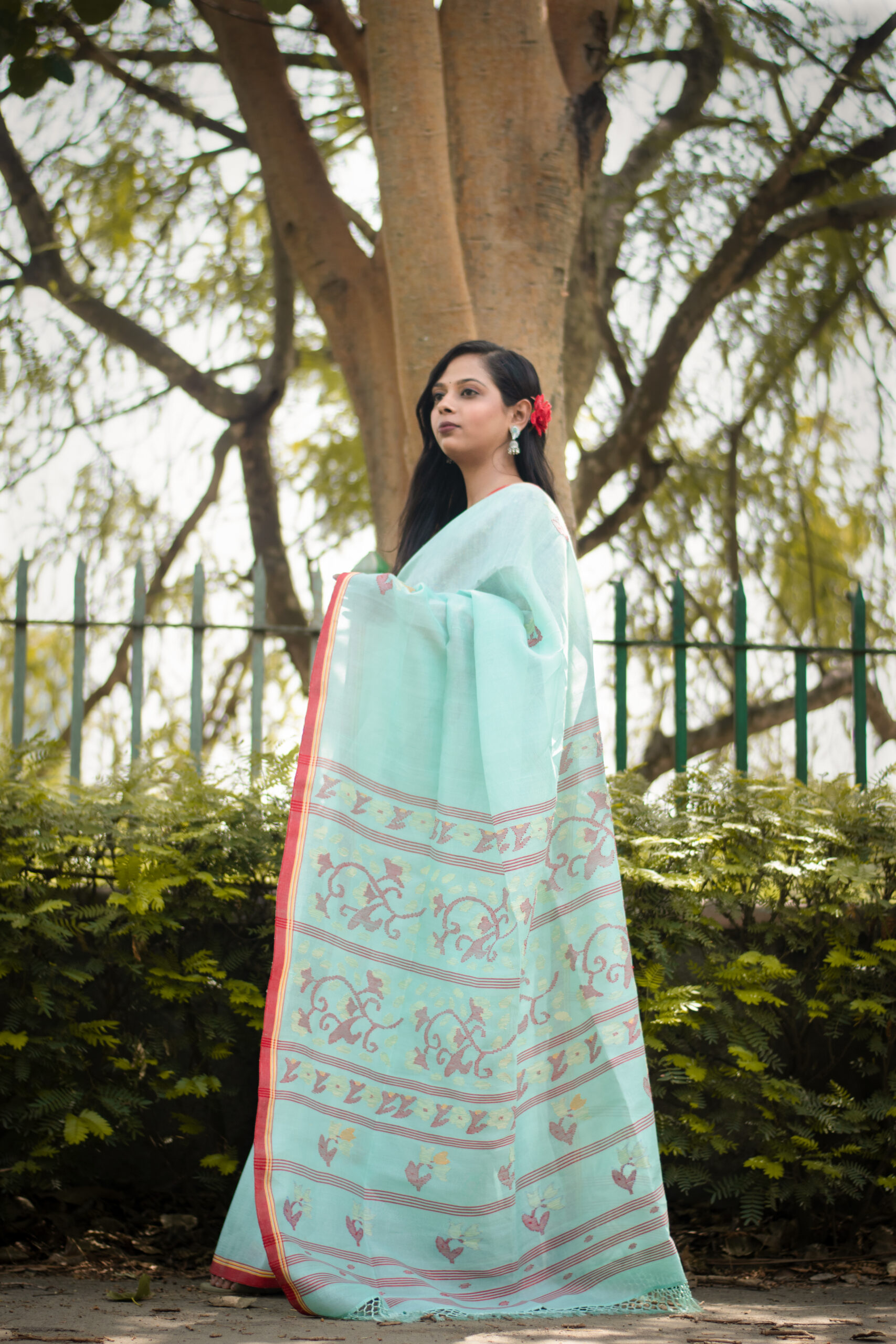 Icy Aqua Blue Pure Mulberry Silk Saree with Royal Red Border - Image 2