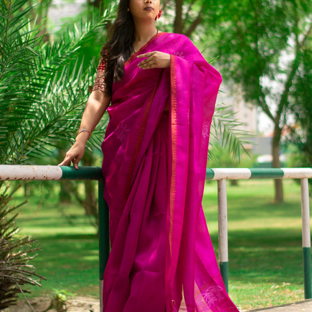 Blush Pink Pure Mulberry Silk Saree with Deep Red Zari Border