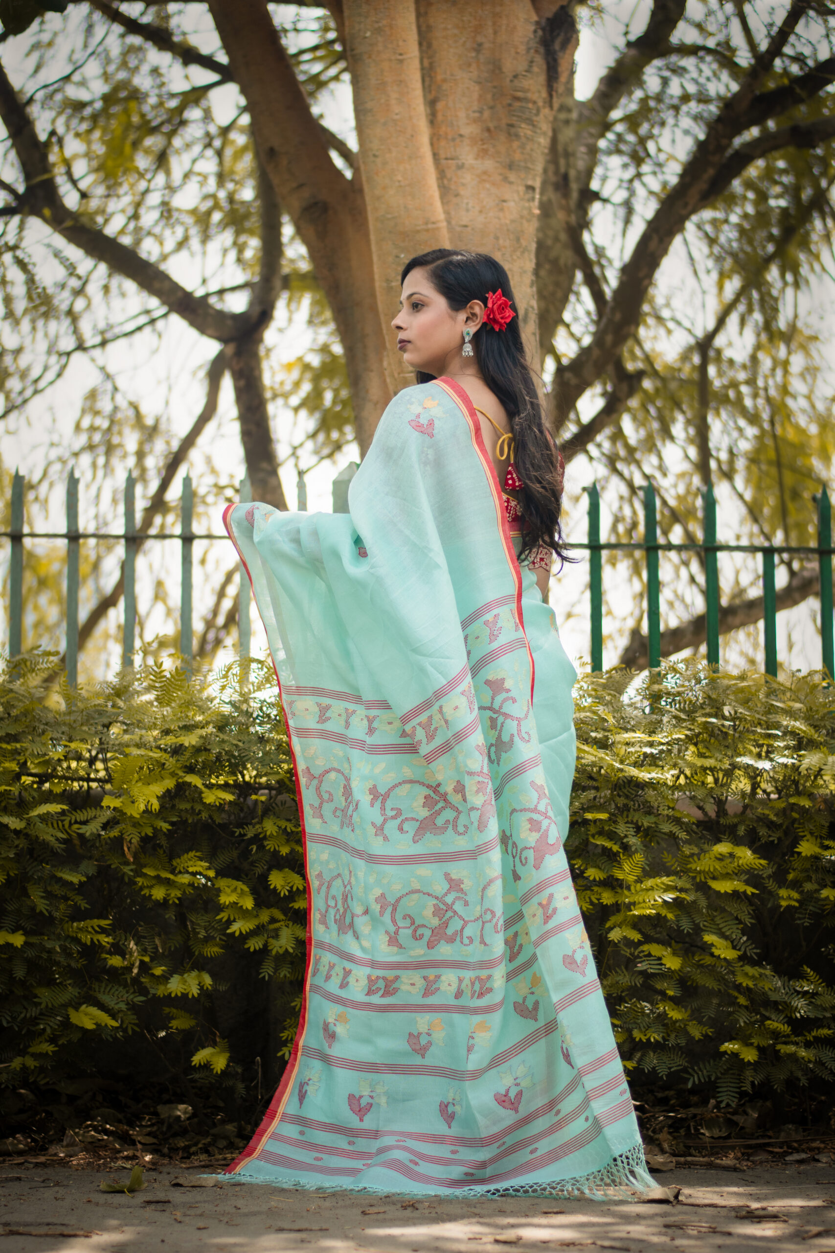 Icy Aqua Blue Pure Mulberry Silk Saree with Royal Red Border - Image 3