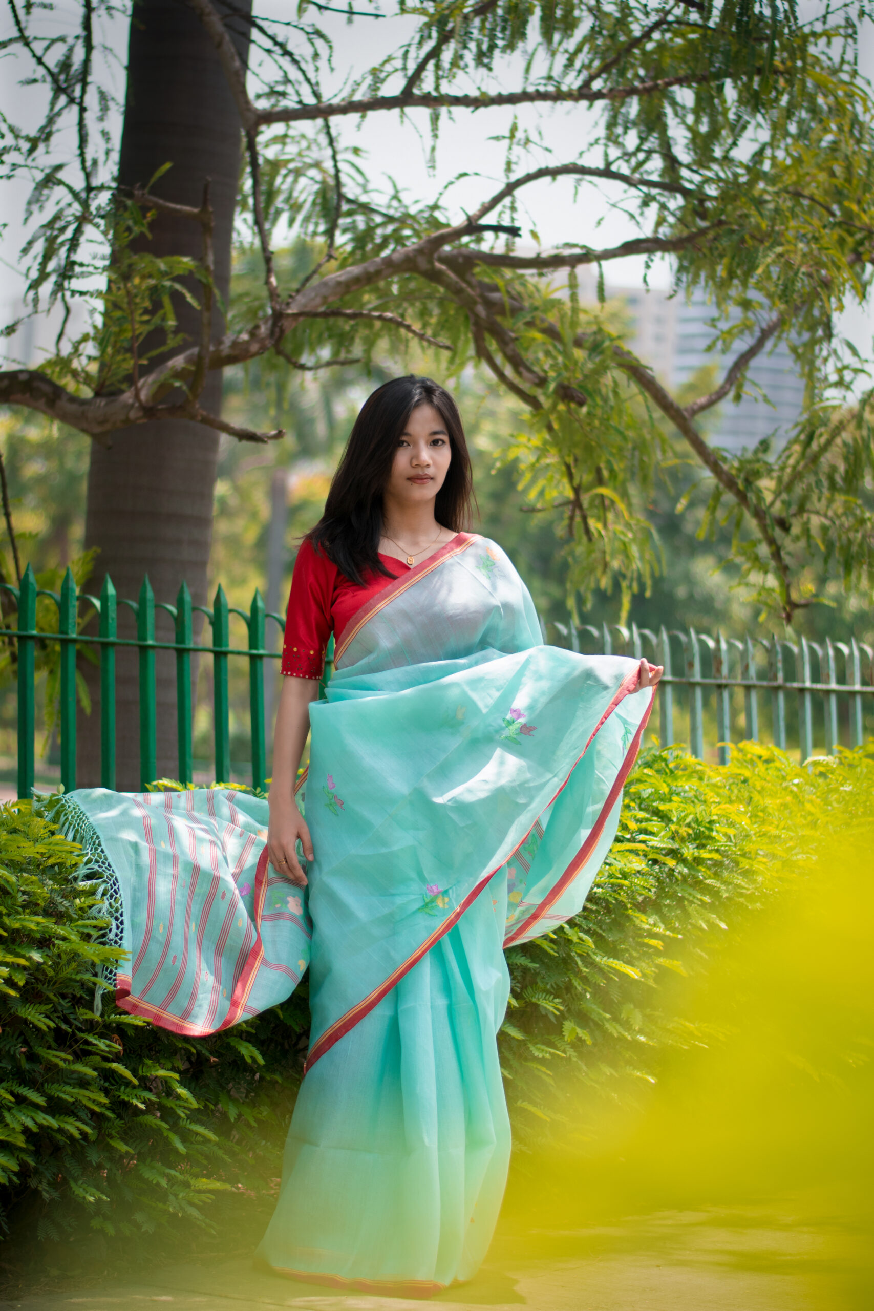 Icy Aqua blue colour saree with red border - Image 3