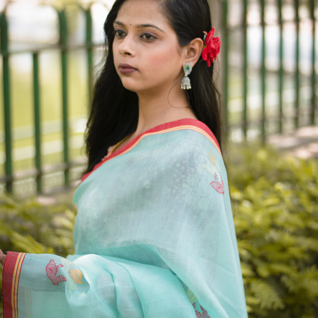 Icy Aqua Blue Pure Mulberry Silk Saree with Royal Red Border