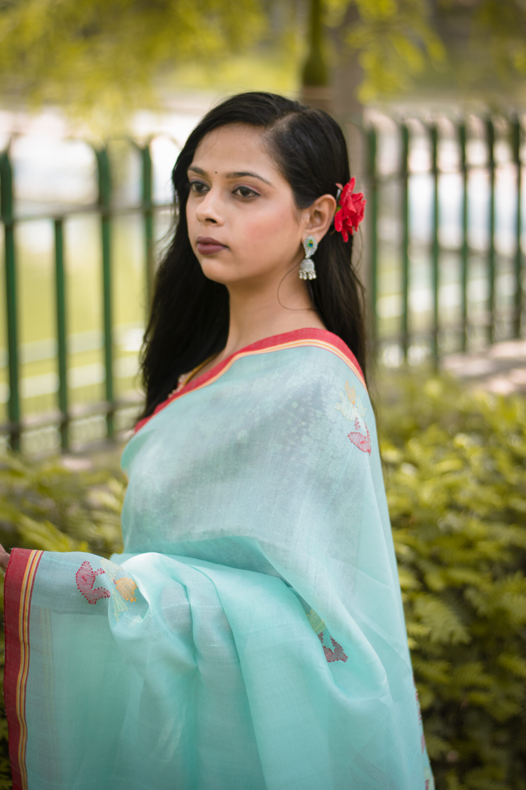 Icy Aqua Blue Pure Mulberry Silk Saree with Royal Red Border