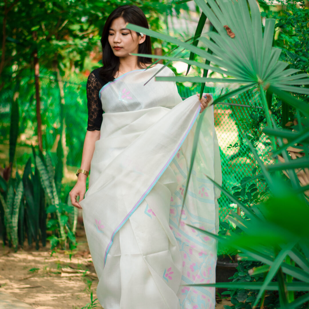 Cream colour Pure Mulberry Silk Saree with Icy Aqua Blue Border & Pink Stripes