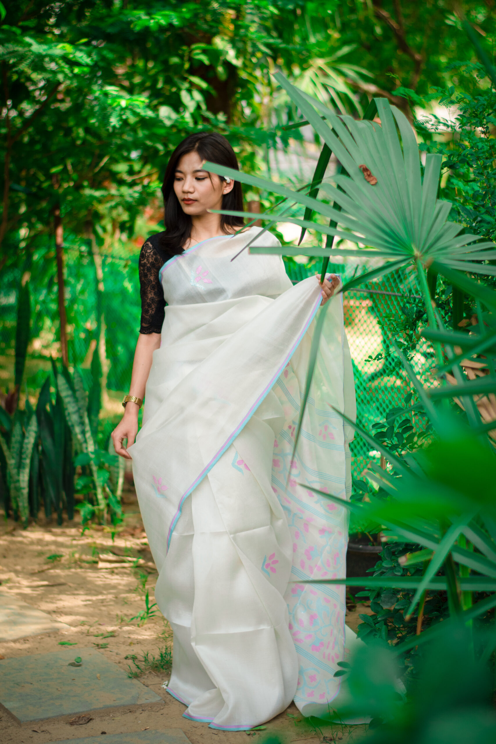 Cream colour Pure Mulberry Silk Saree with Icy Aqua Blue Border & Pink Stripes
