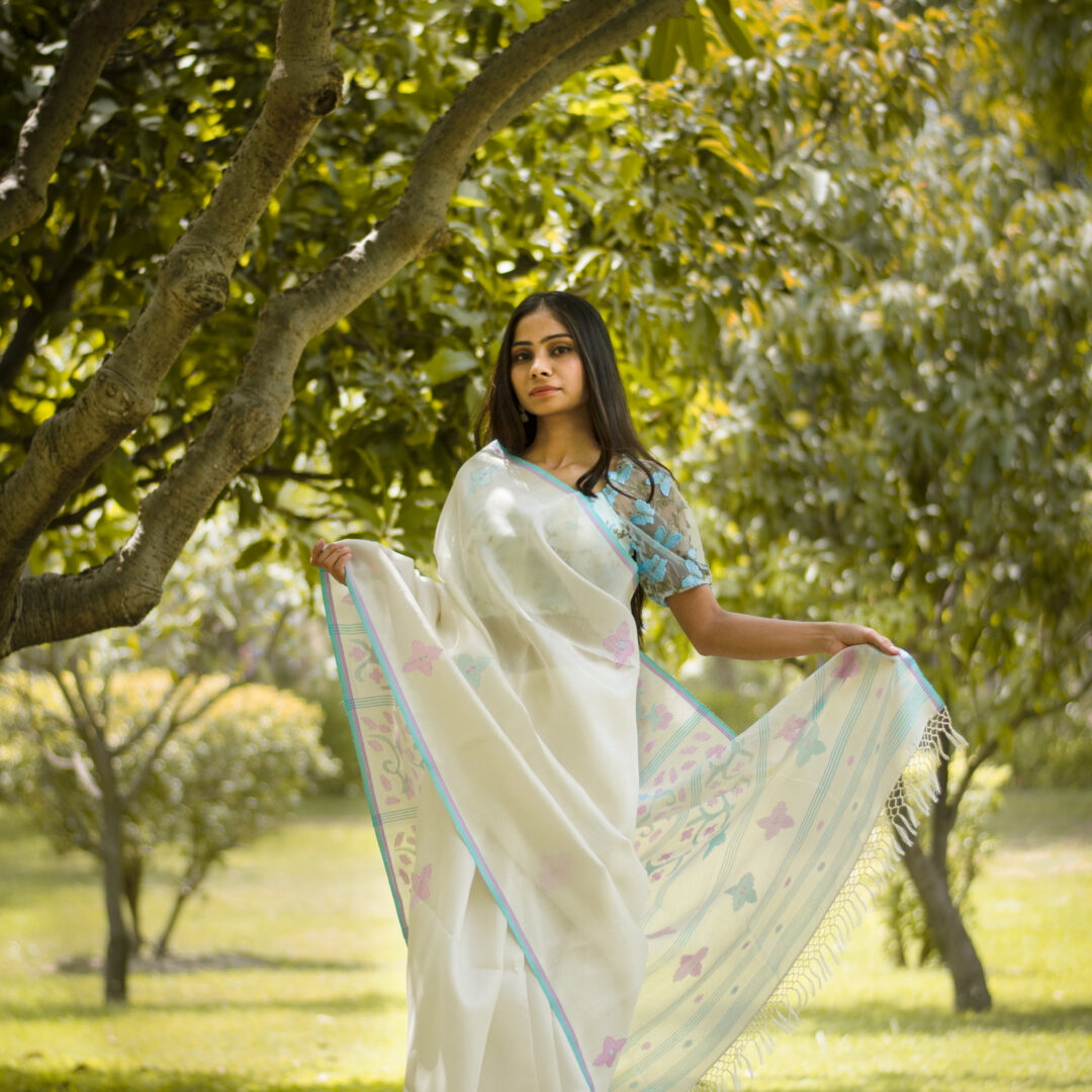 Ivory Cream Pure Mulberry Silk Saree with Icy Aqua Blue Border & Pink Stripes