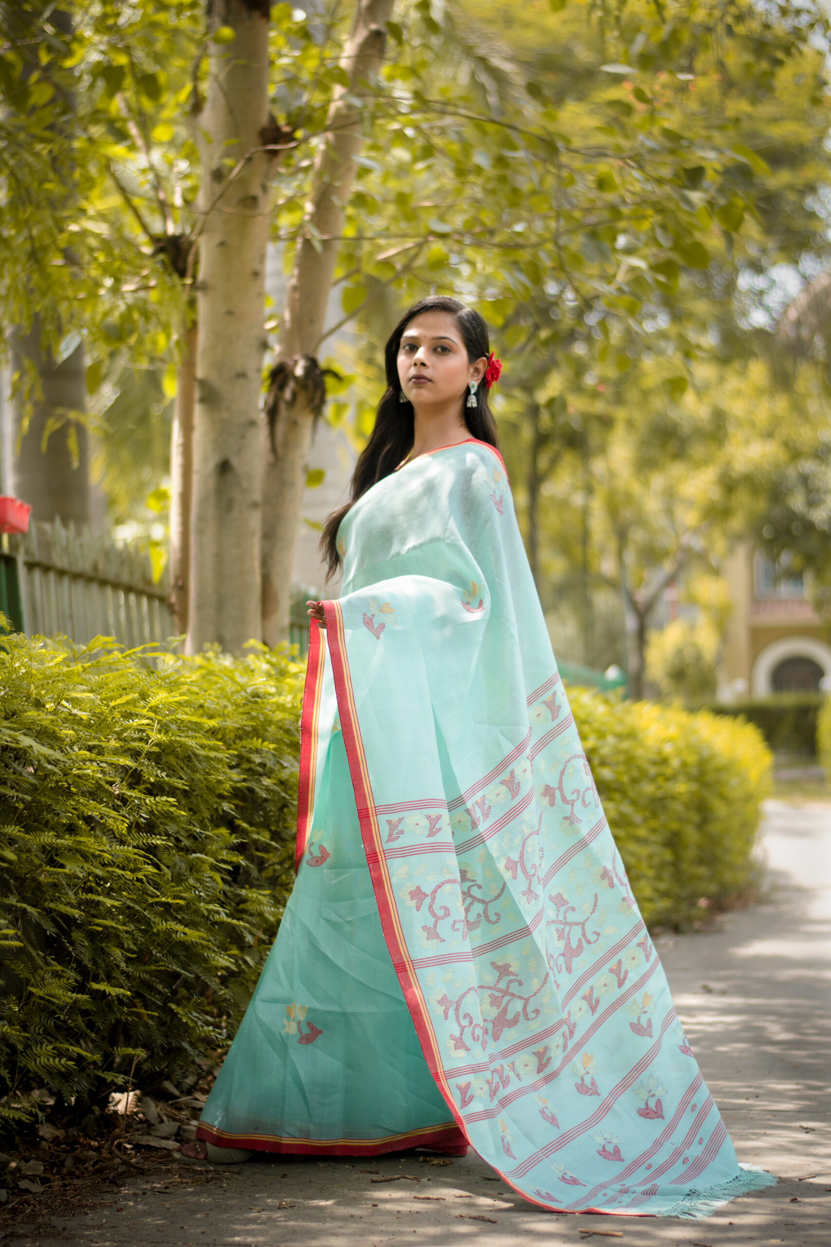 Icy Aqua Blue Pure Mulberry Silk Saree with Royal Red Border - Image 4