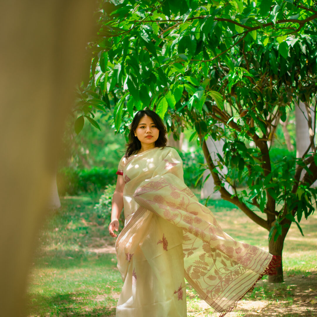 Handwoven Natural Tussar Silk Saree with red Floral Motifs