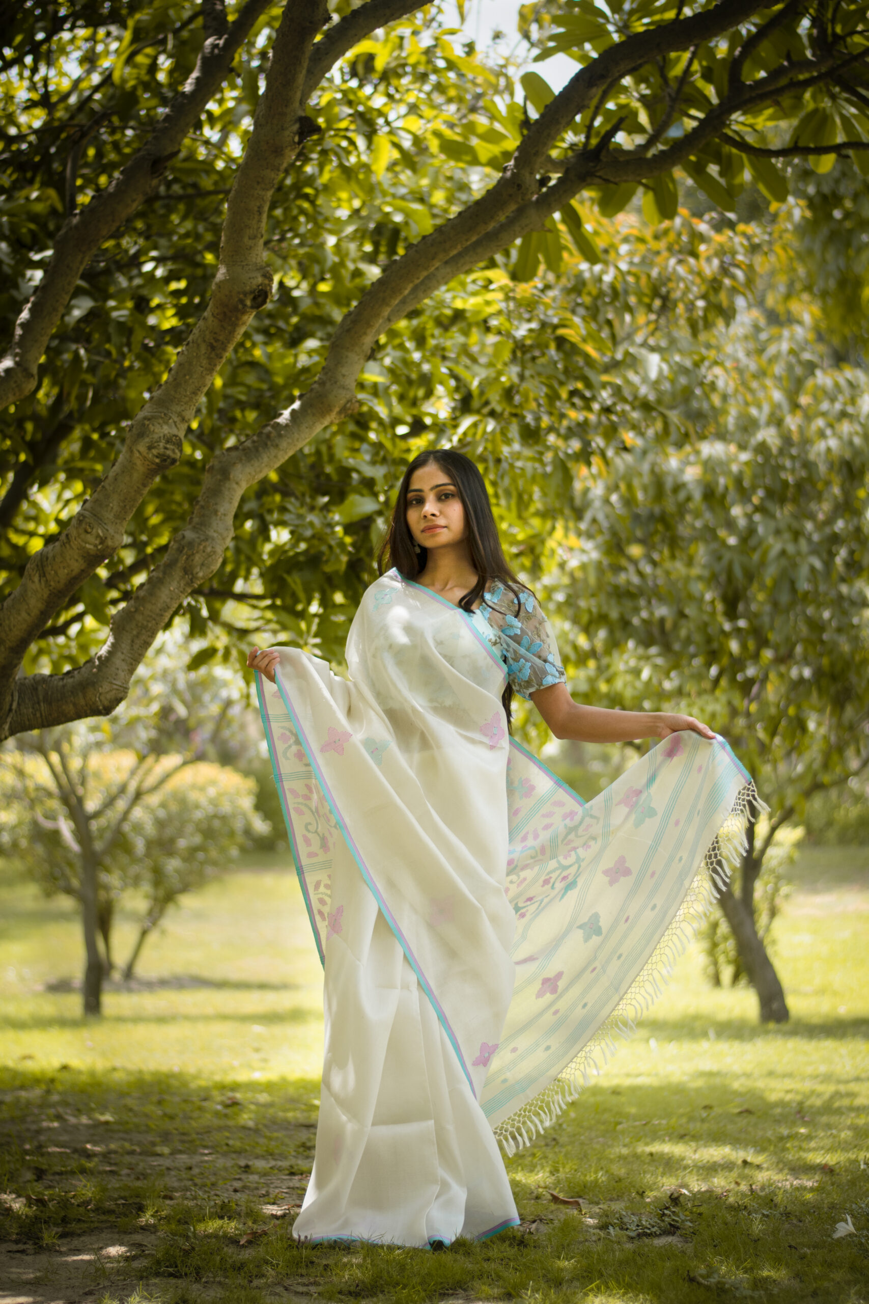 Ivory Cream Pure Mulberry Silk Saree with Icy Aqua Blue Border & Pink Stripes