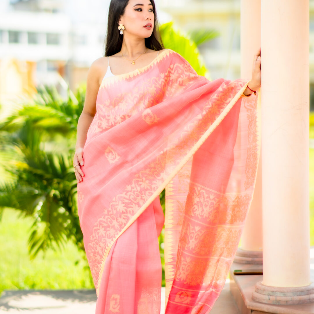 Coral Blossom – GI-Tagged Moirangphee Semi Raw Silk Saree