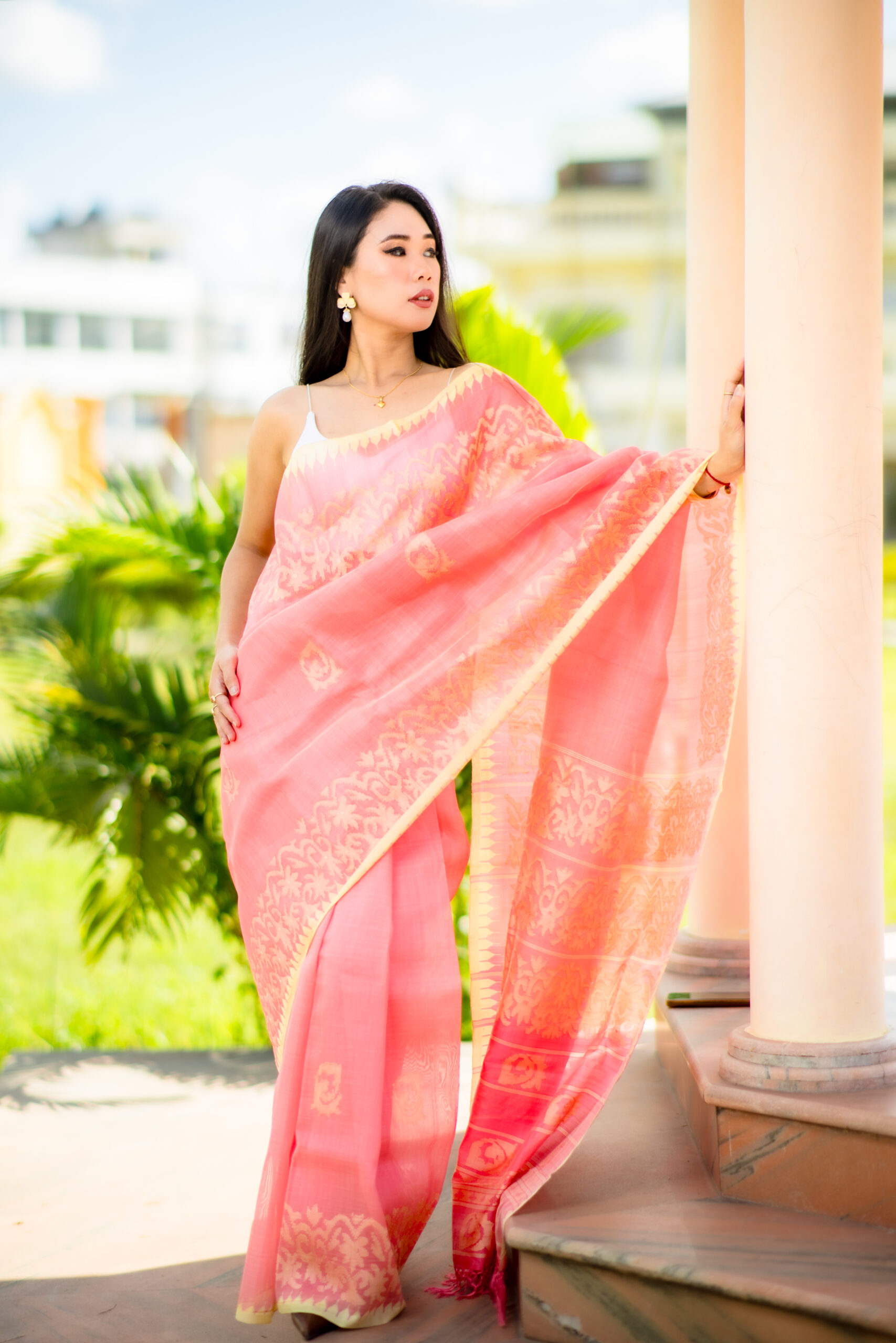 Coral Blossom – GI-Tagged Moirangphee Semi Raw Silk Saree