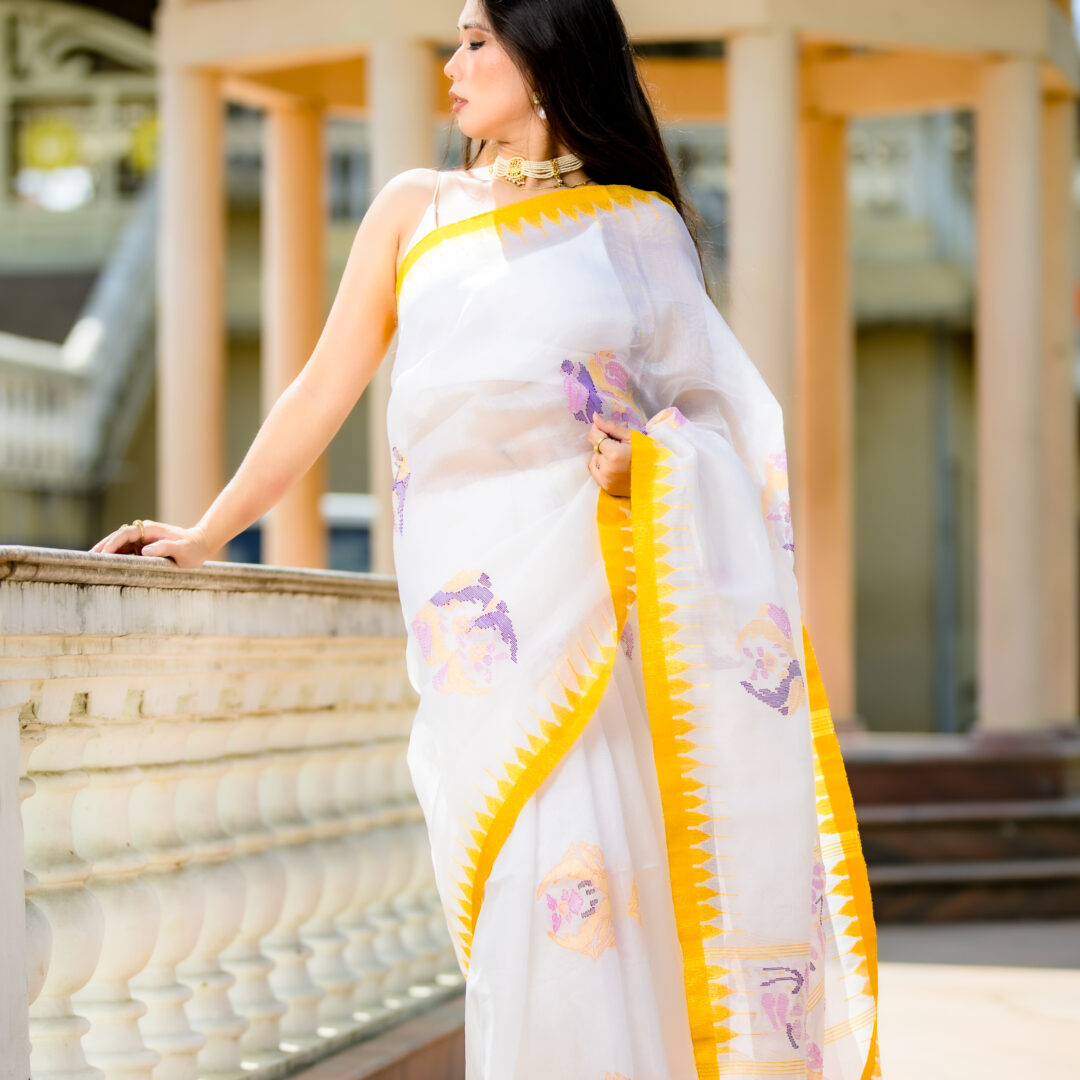 Golden Parrot | White Moirangphee Saree with Golden Yellow Border