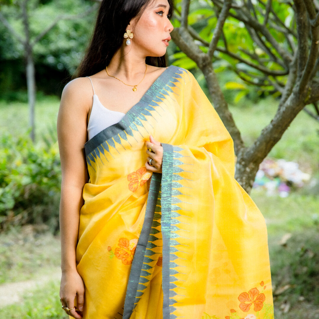 Light Yellow Semi Raw Mulberry Silk Saree with Moirangphee Border & Gulmohar Motifs