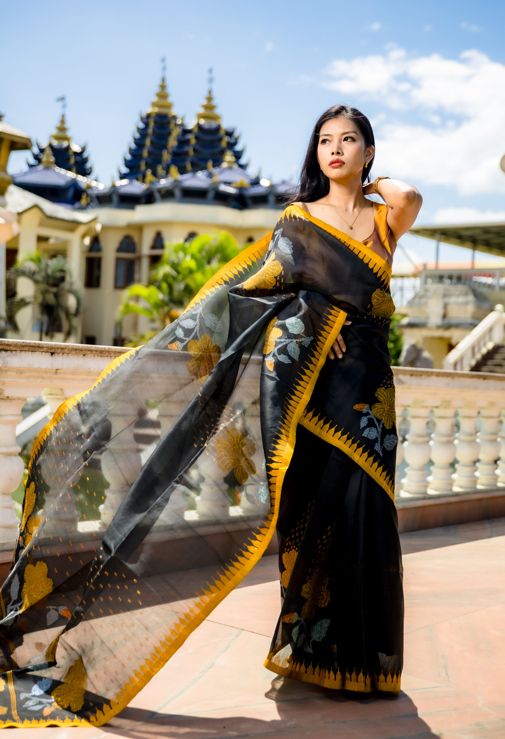 Charcoal Black Semi Raw Mulberry Silk Saree with Golden Moirangphee Border & Hibiscus Motifs - Image 2