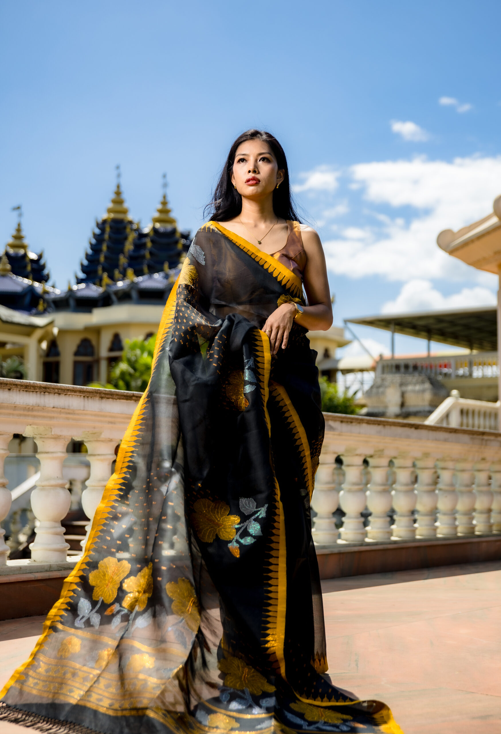Charcoal Black Semi Raw Mulberry Silk Saree with Golden Moirangphee Border & Hibiscus Motifs - Image 3