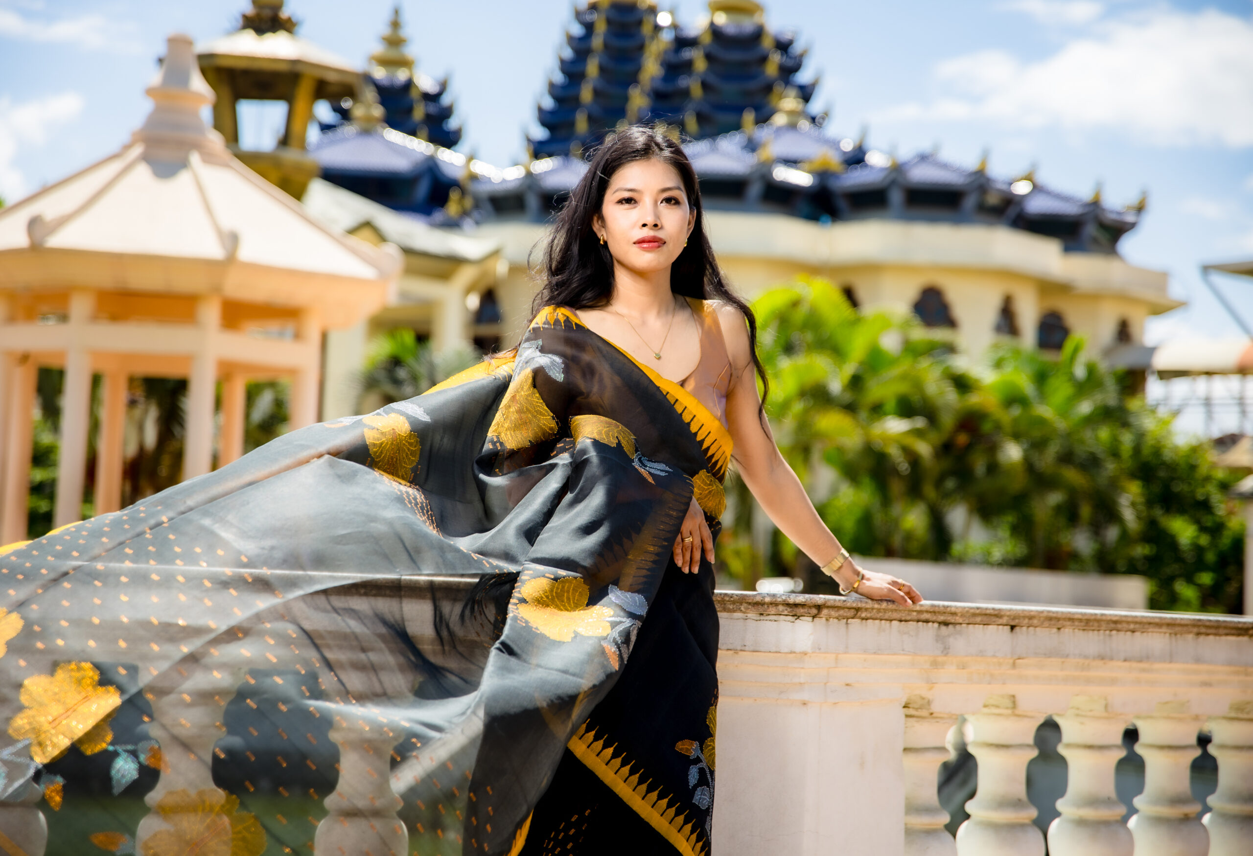 Charcoal Black Semi Raw Mulberry Silk Saree with Golden Moirangphee Border & Hibiscus Motifs - Image 4